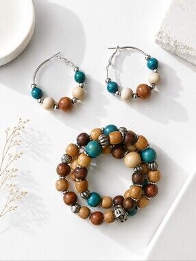 Turquoise & Timber 3-Wrap Memory Wire Bracelet & Beaded Hoop Earring Set